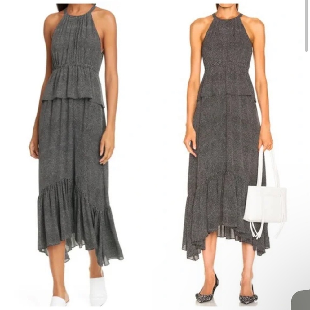 Like New Silk A.L.C. Rosa Tiered Chiffon Midi Dress Black White Polka Dot Print